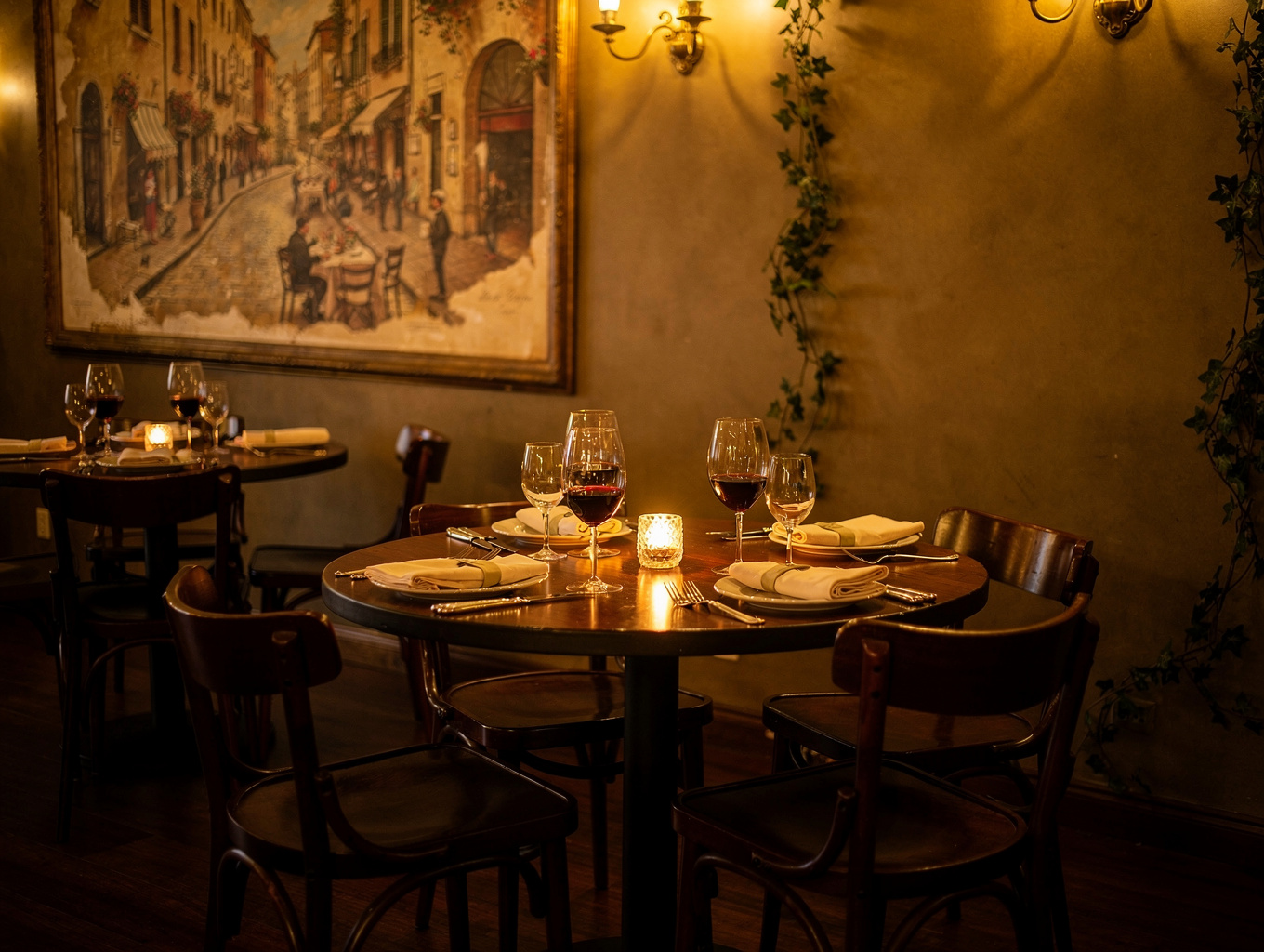 Candlelit dining tables in modern Italian restaurant with warm stone interior