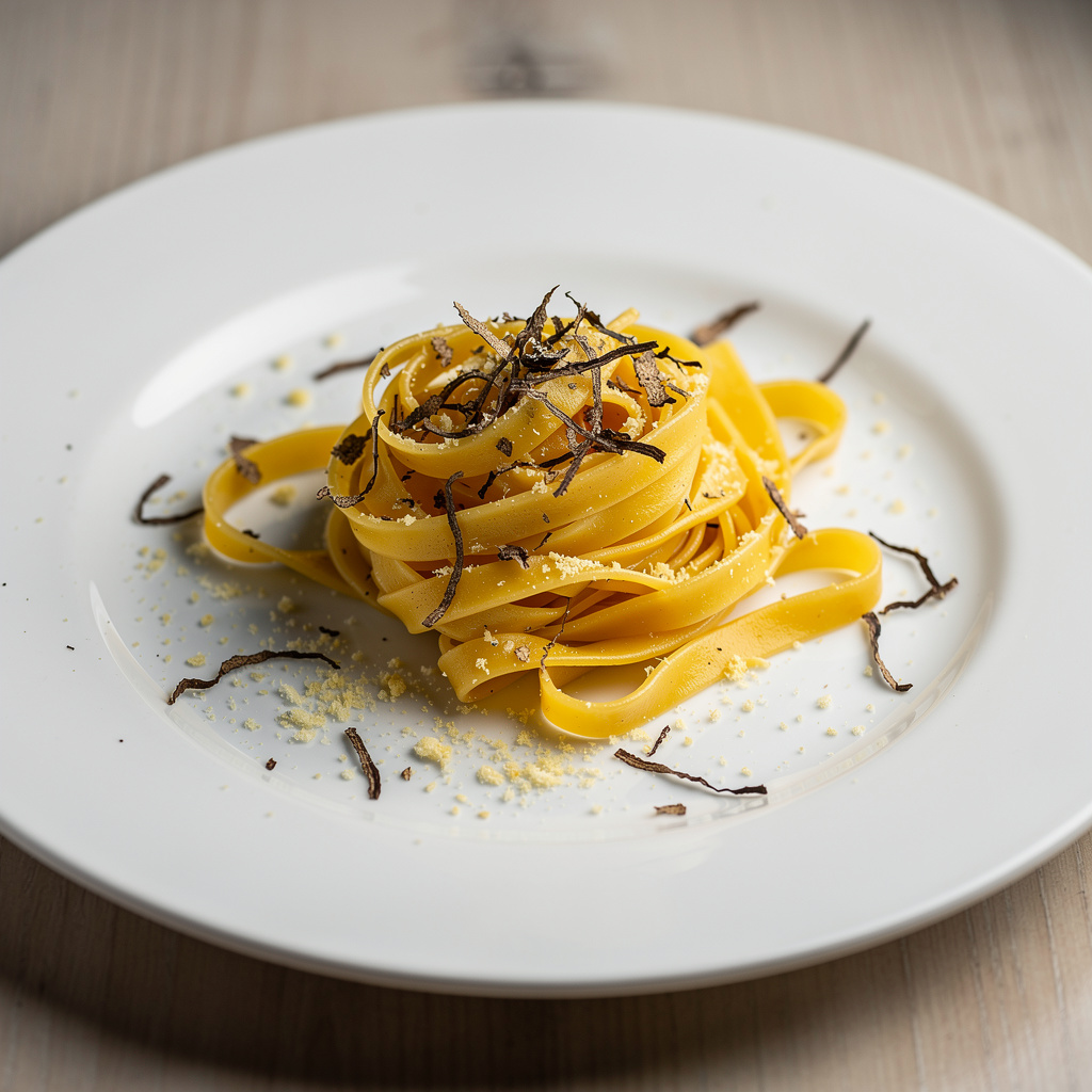 Artisanal handmade truffle tagliolini plated on ceramic dish