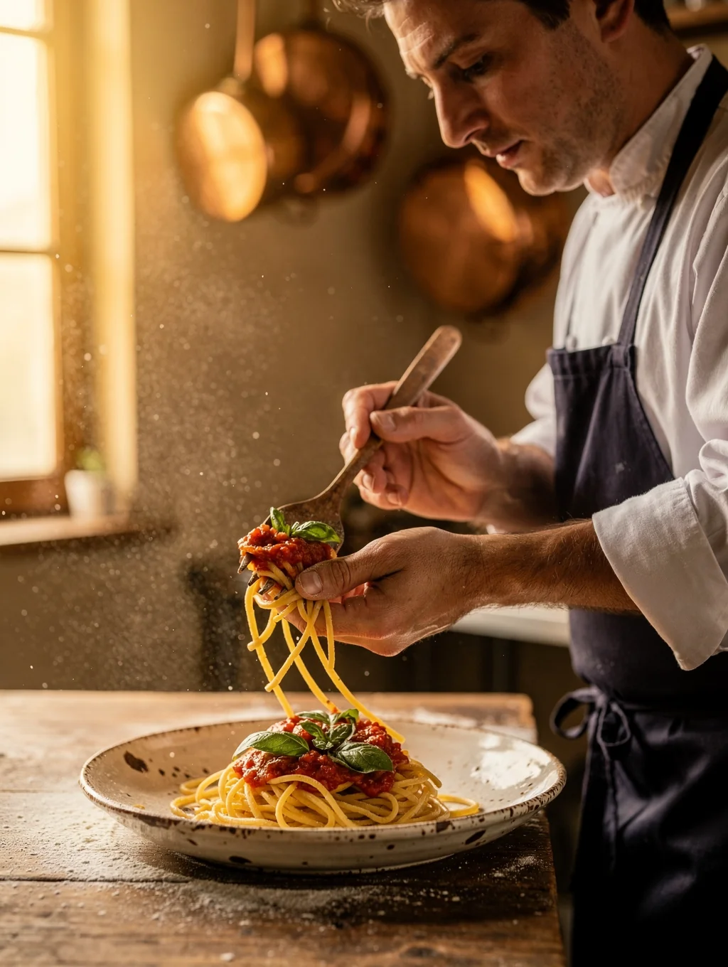 Chef preparing fresh handmade pasta in our open kitchen