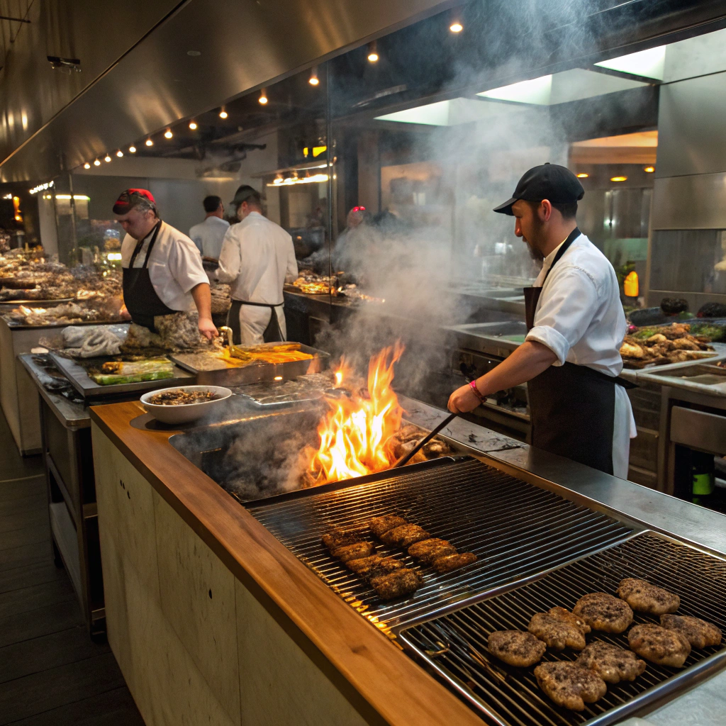 Chefs preparing food over wood-fired grill in open restaurant kitchen
