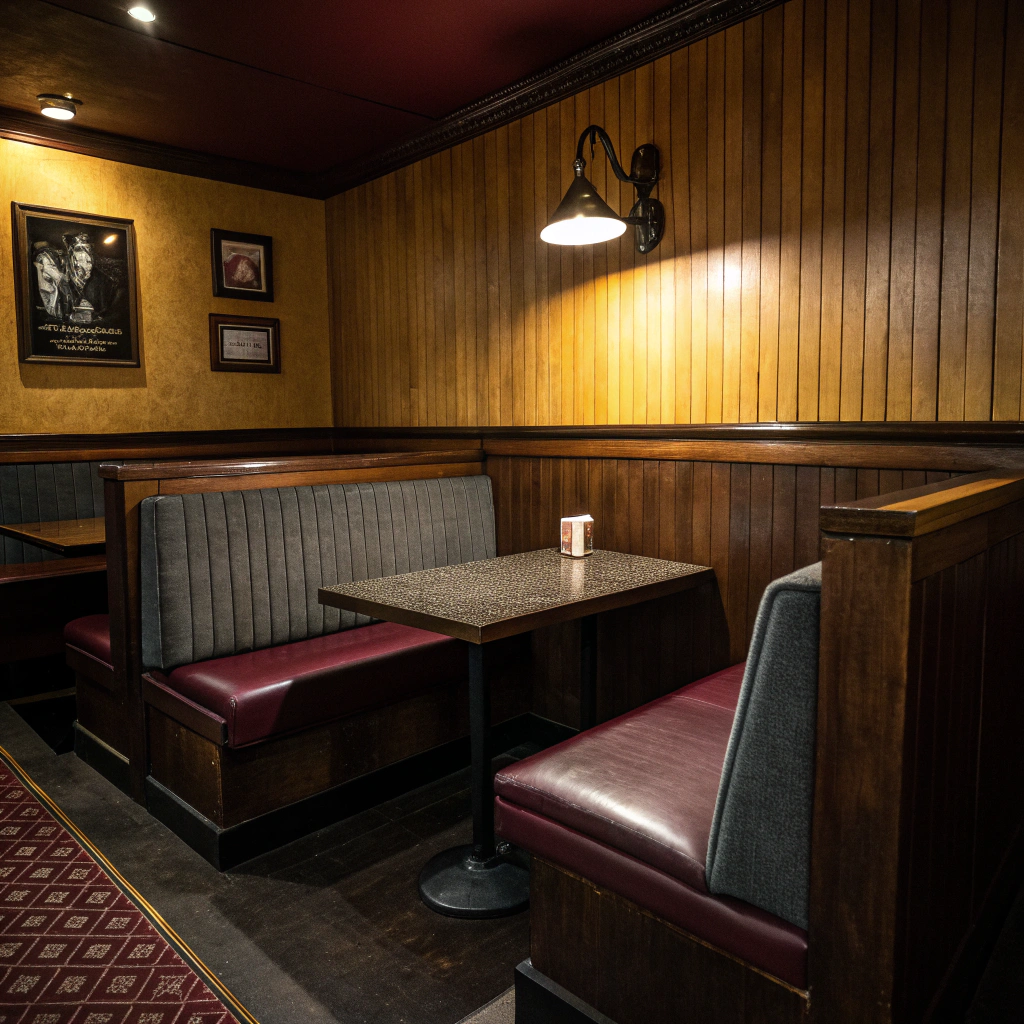 Intimate private booth seating with atmospheric brass lighting and warm wood walls