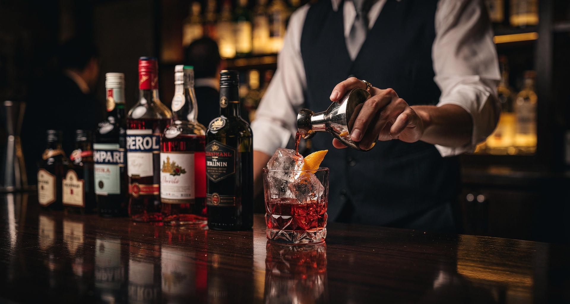Artisan smoked Italian cocktail in crystal tumbler with glowing amber ice