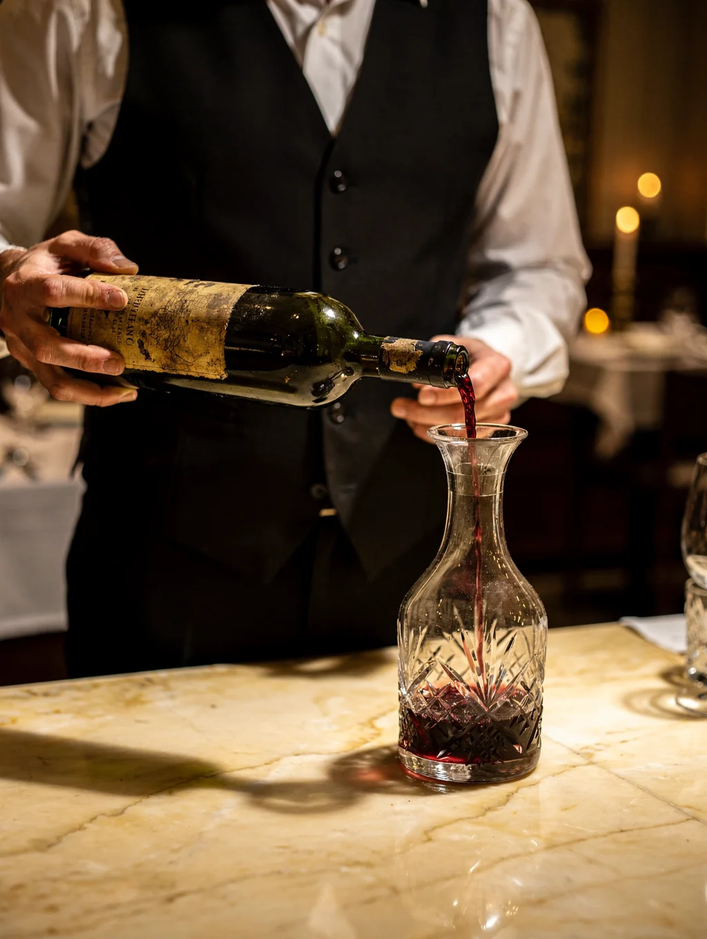 Head Sommelier Elena Moretti decanting vintage wine in cellar